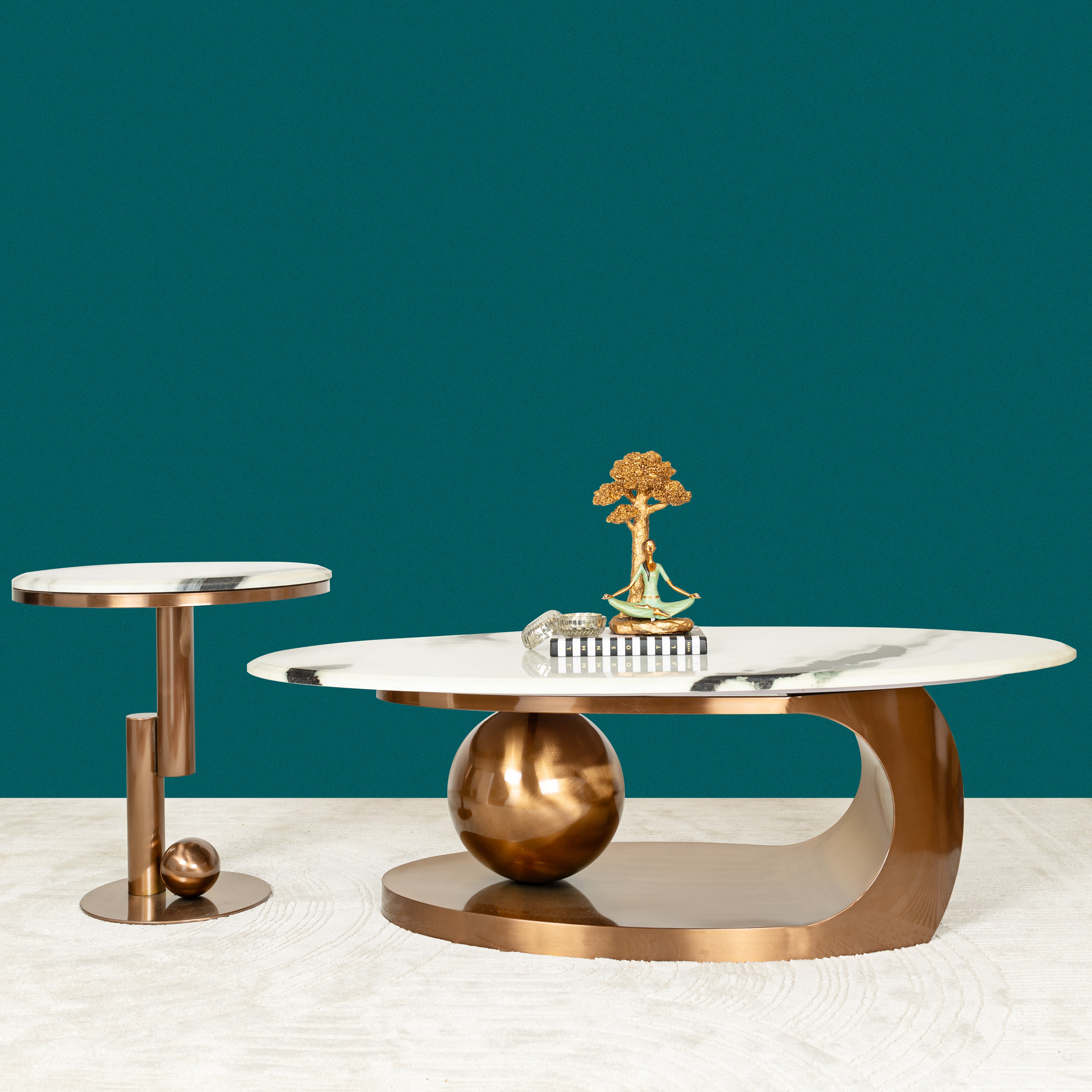 Amara Rose Gold Base Round Accent Table With Side table - Set of 2 (Stainless Steel) (Panda stone) - Image 2