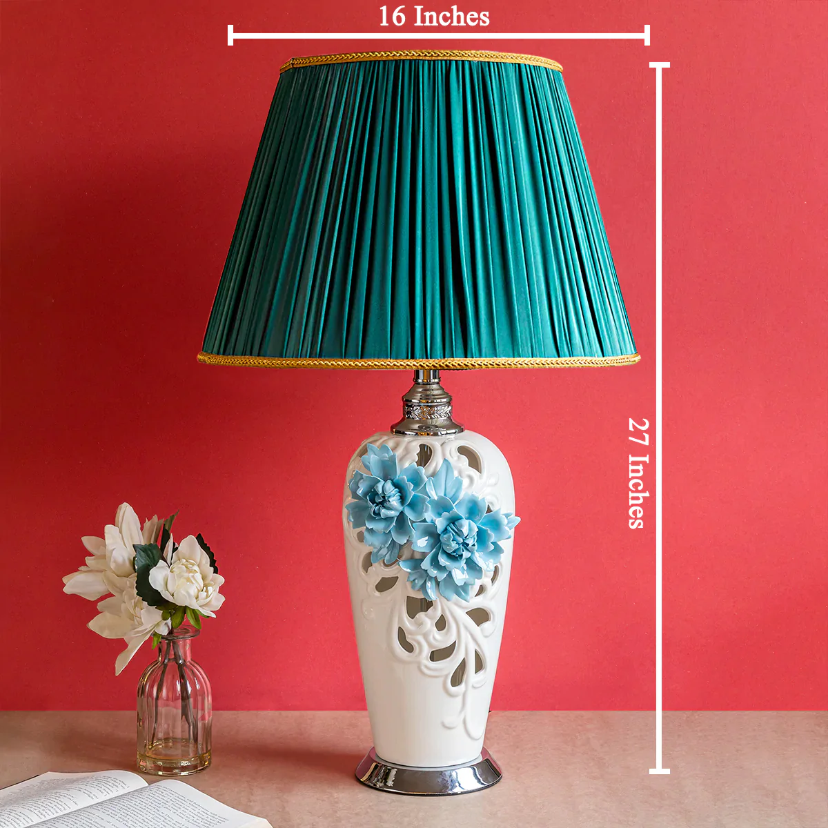 Antique Blue White Ceramic Table Lamp with Green Shade - Image 3