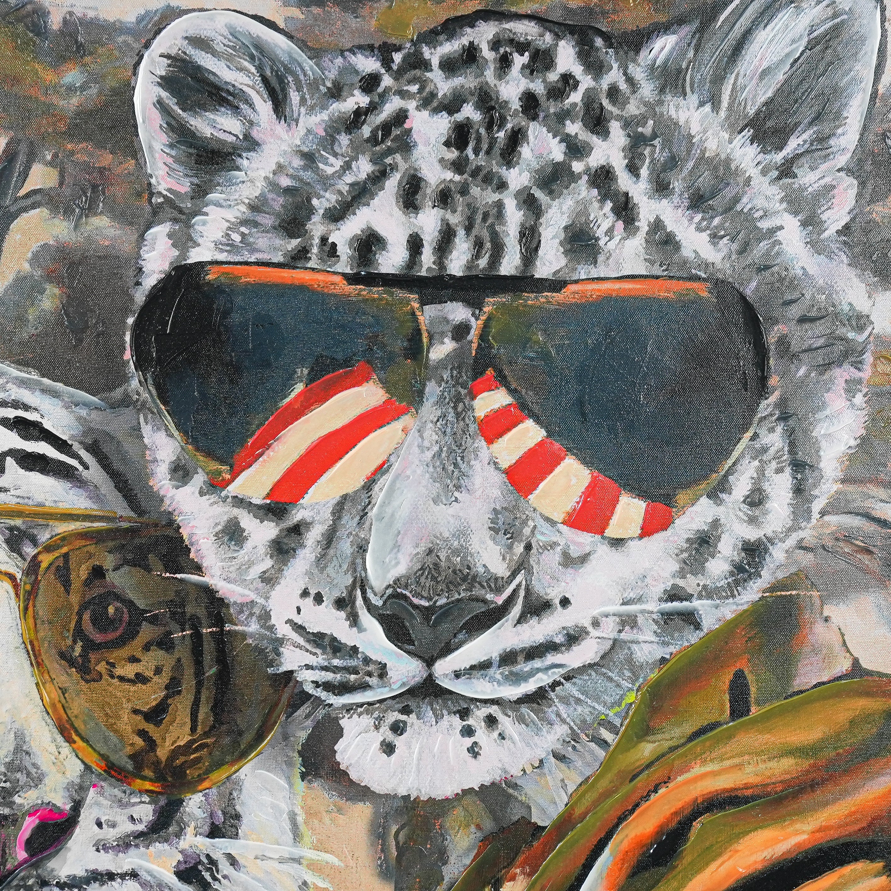 Aviator Wildcats: Where Nature Meets Urban Cool by Heather Perry 100% Hand Wall Painting (With Outer Floater Frame frame) ( 39 x 39 Inches ) - Image 5
