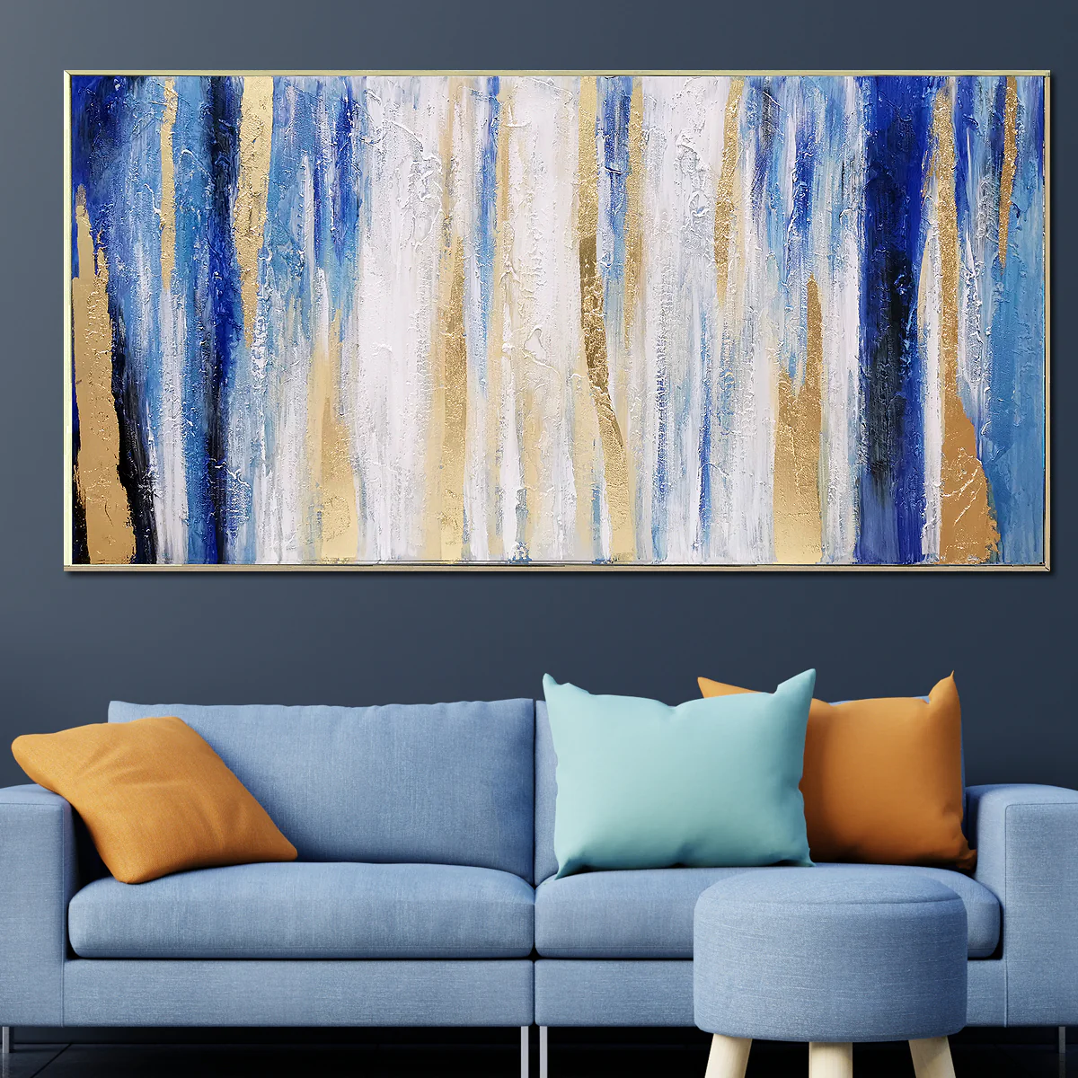 Blue & Gold Hues Hand painted Wall Painting (With Outer Floater Frame)