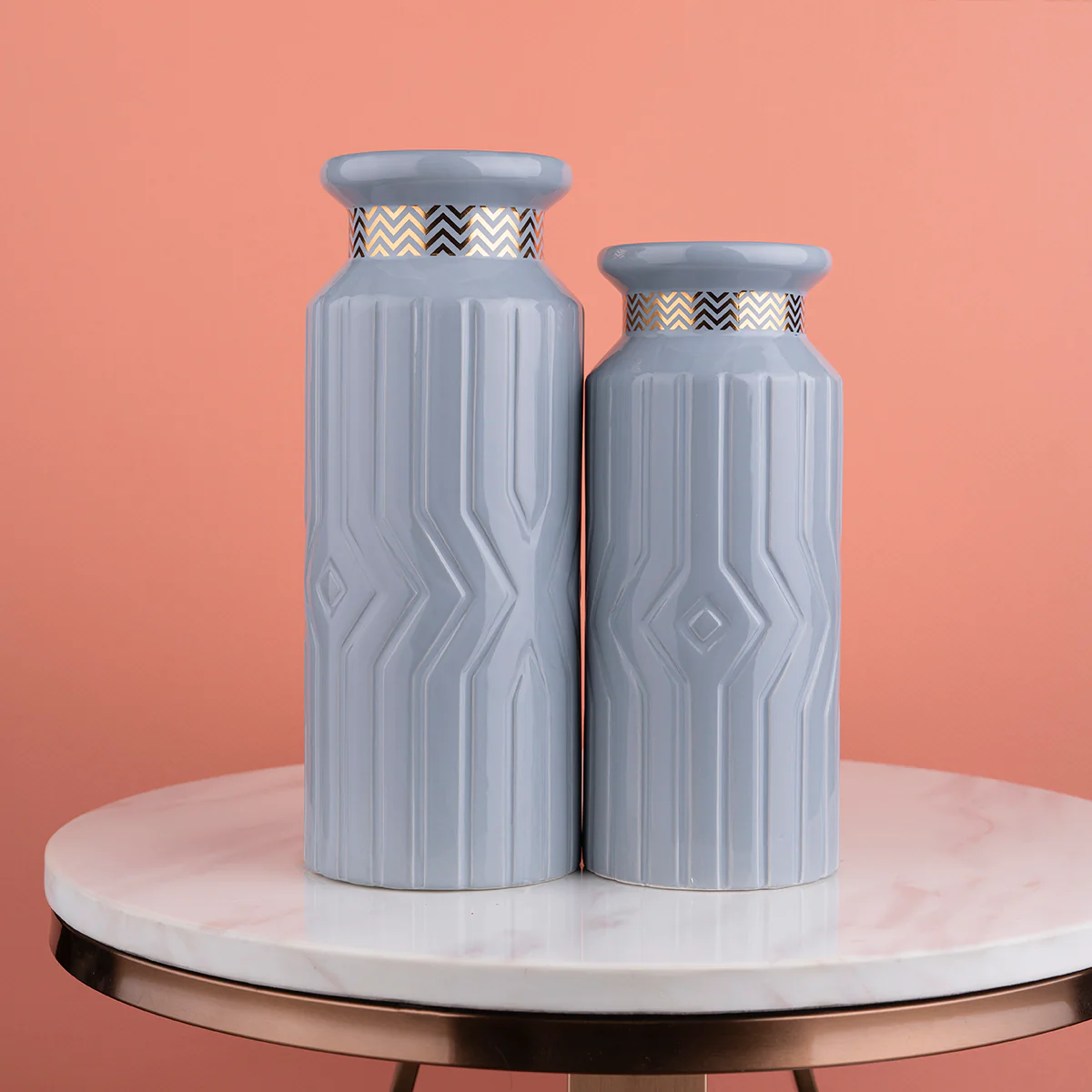 The Casablanca Chevron Decorative Ceramic Vase Set of 2- Grey - Image 3