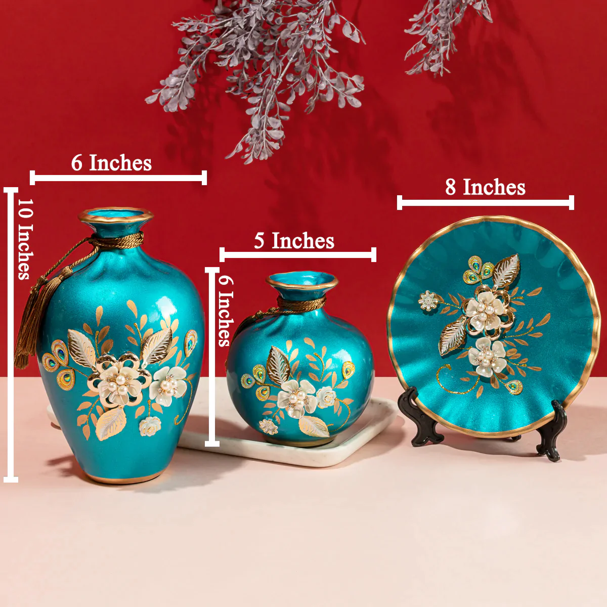 Floral Blue Charm Decorative Vases and Showpieces - Set of Three - Image 2