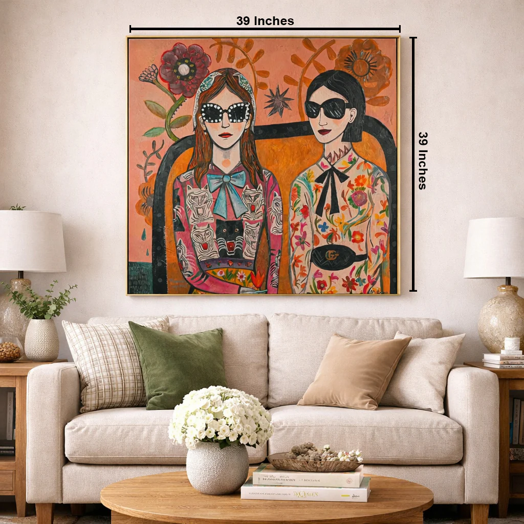 Floral & Feline Fashionistas by Mercedes Lagunas 100% Hand Painted Wall Painting (With Outer Floater Frame frame) ( 39 x 39 Inches ) - Image 2