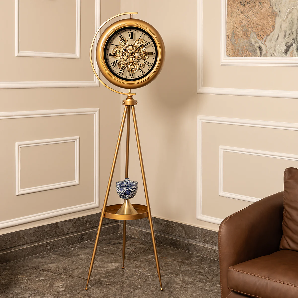 Golden Meridian Tripod Base Luxury Designer Standing Clock With Moving Gear Mechanism Buy Floor Clock Online (With Light and Remote) (Steel Body) - Image 3