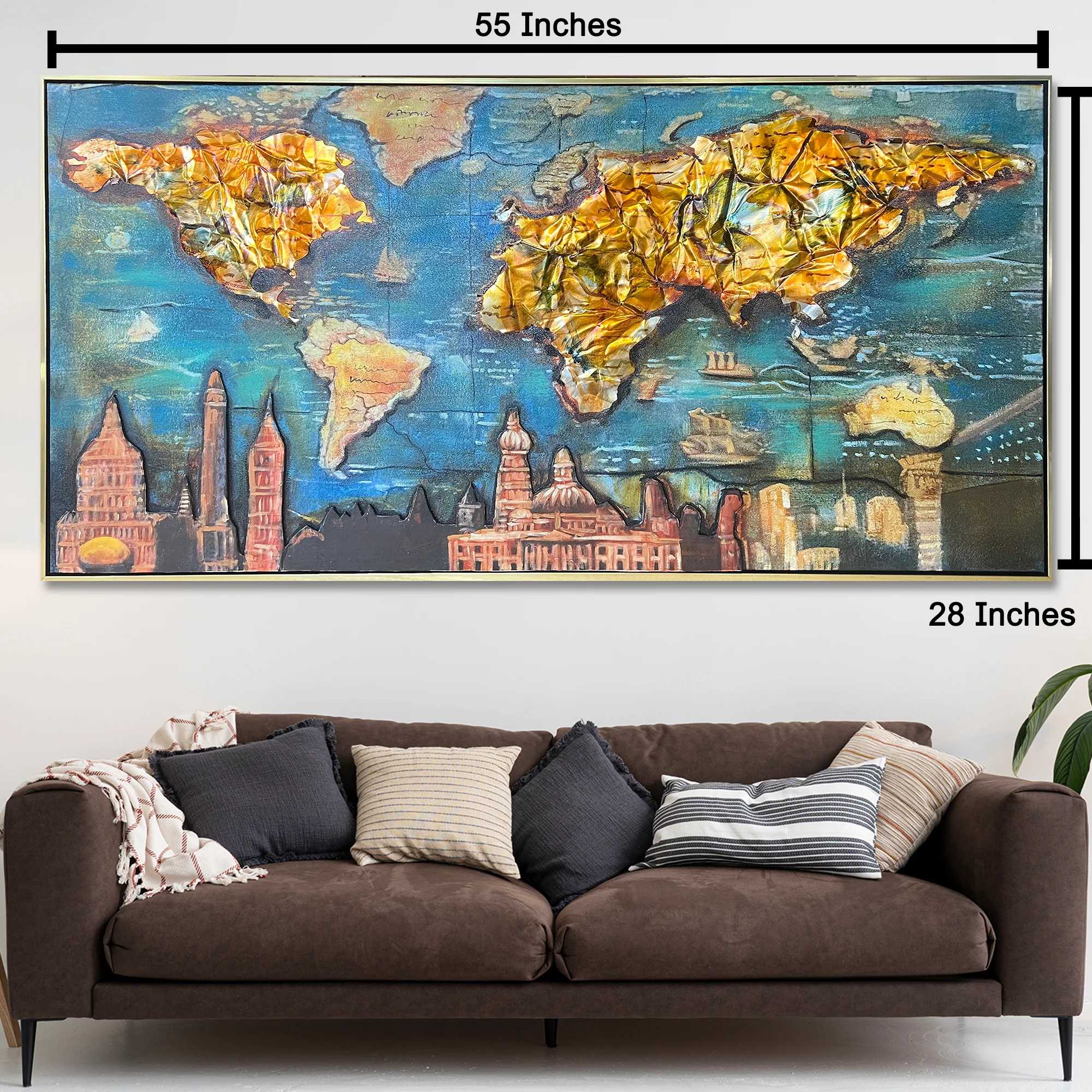 Golden World Skylines 100% Hand Painted Wall Painting (With Golden Outer Floater Frame frame) (27.5x55 Inches) - Image 2
