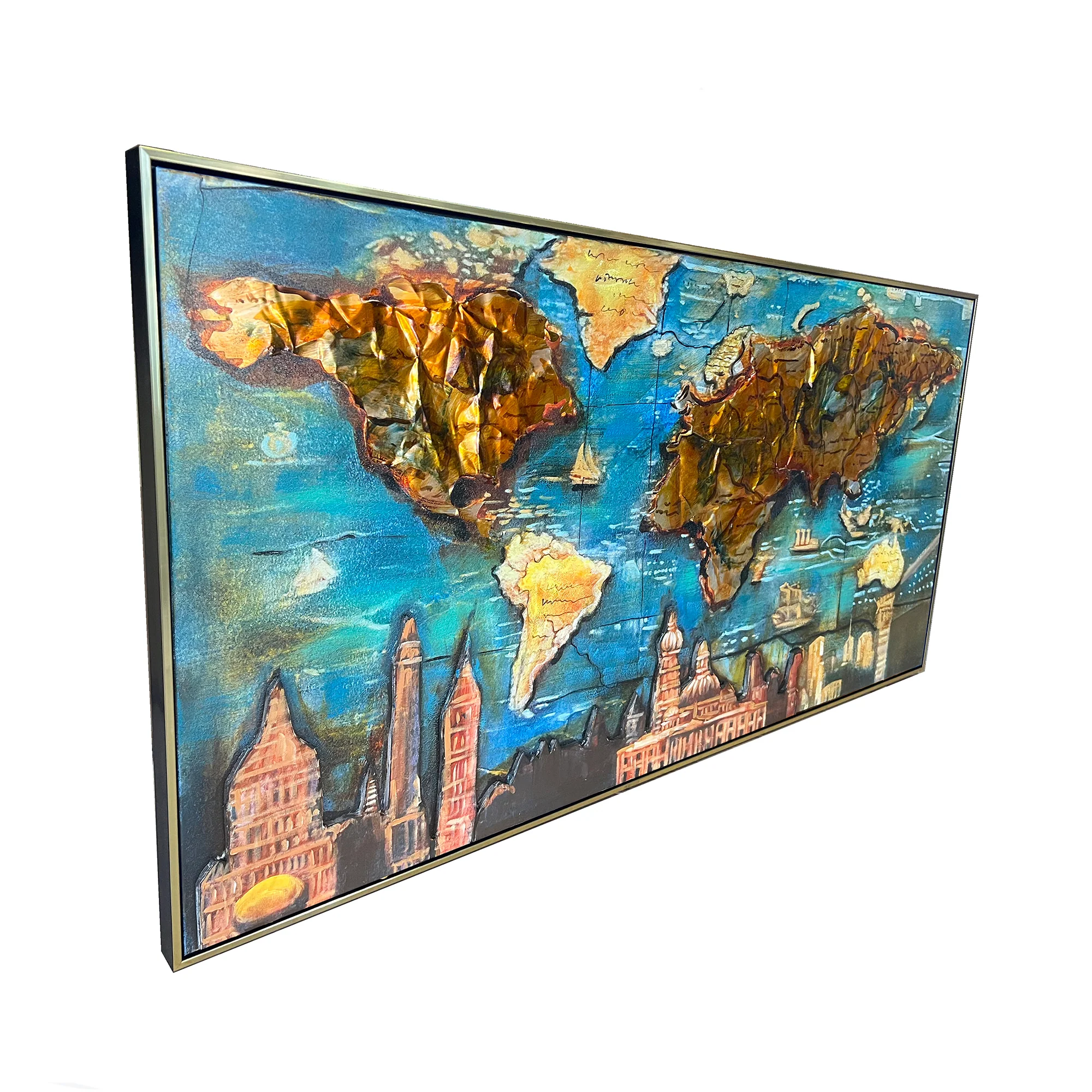 Golden World Skylines 100% Hand Painted Wall Painting (With Golden Outer Floater Frame frame) (27.5x55 Inches) - Image 3