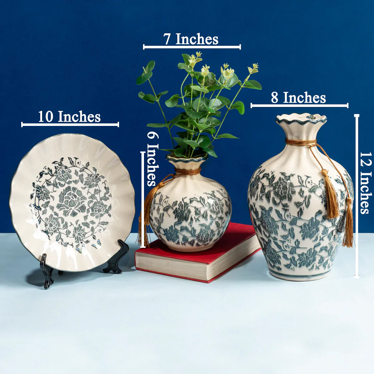 Icy Florals Decorative Ceramic Vase and Showpieces - Set of Three - Image 2