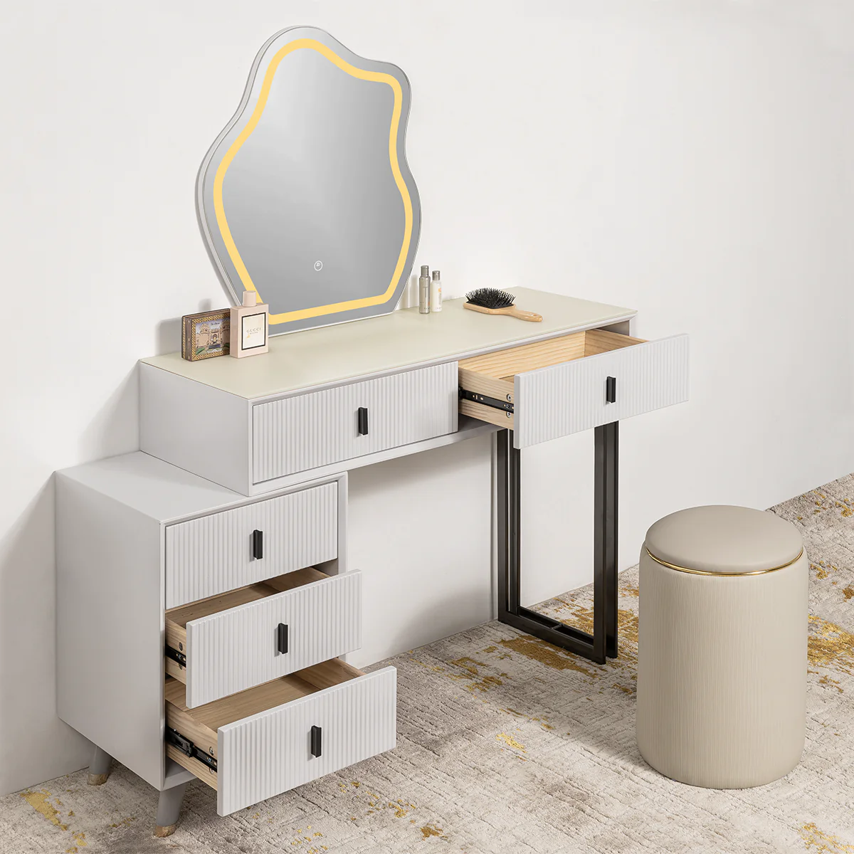 Prismatic Drift Dressing Table & Vanity Set With Mirror & Poof Chair - Image 4