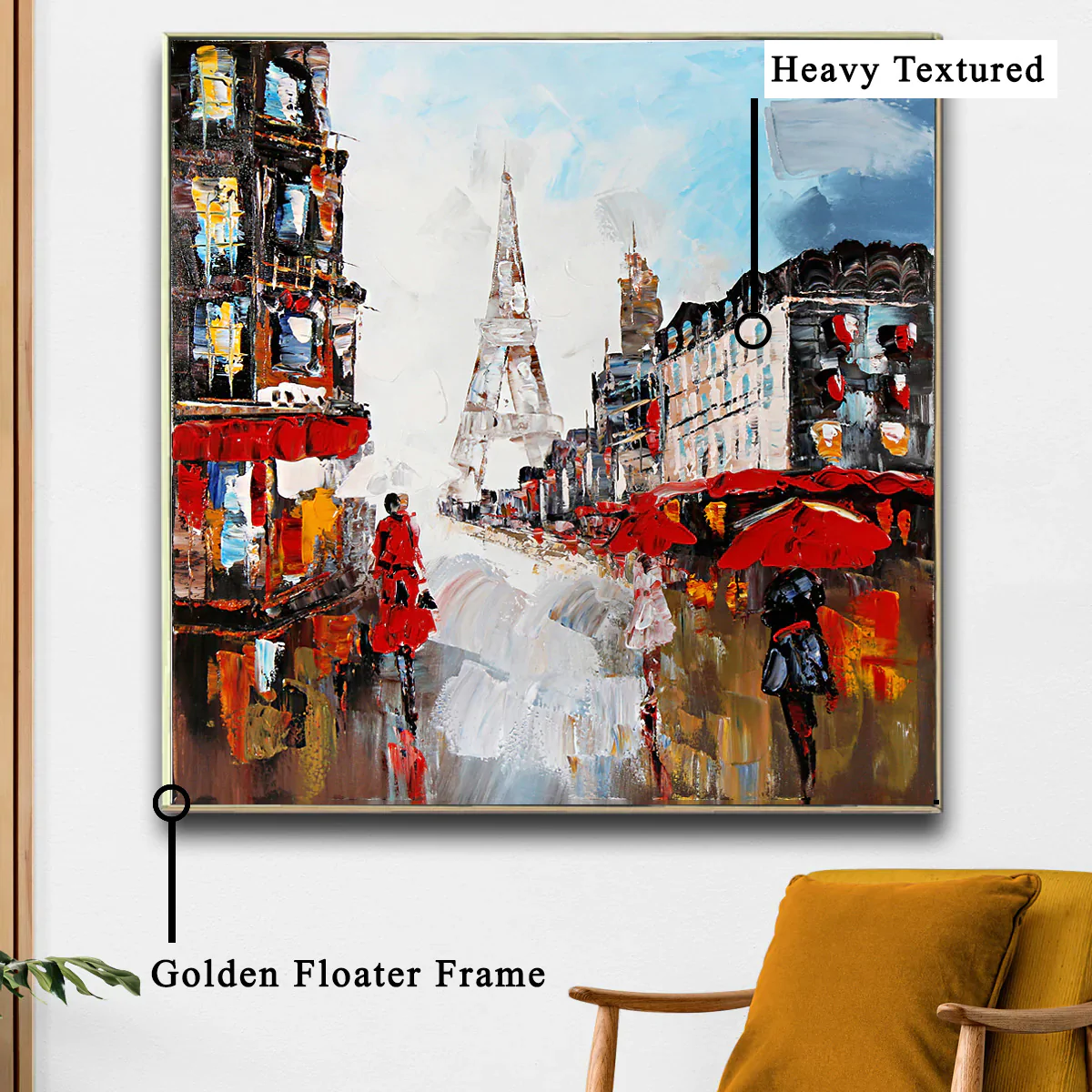 A Stroll in Paris 100% Hand Painted Wall Painting (With Outer Floater Frame) (40x40 Inches) - Image 5