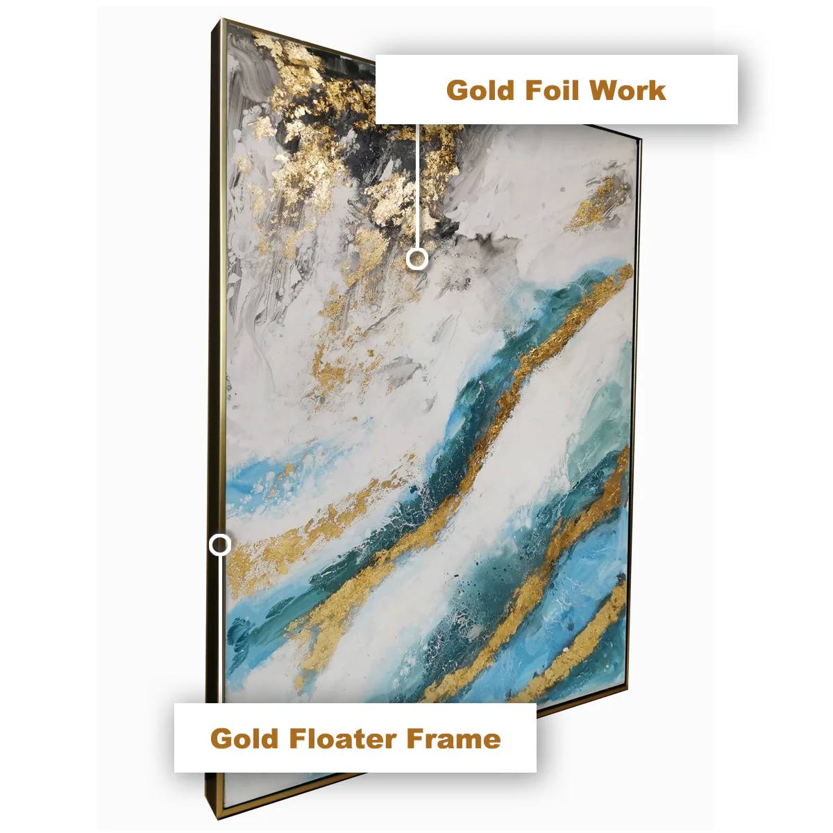 The Abstract Blue and Gold Granite 100% Hand Painted Wall Painting (With Outer Floater frame) - Image 3
