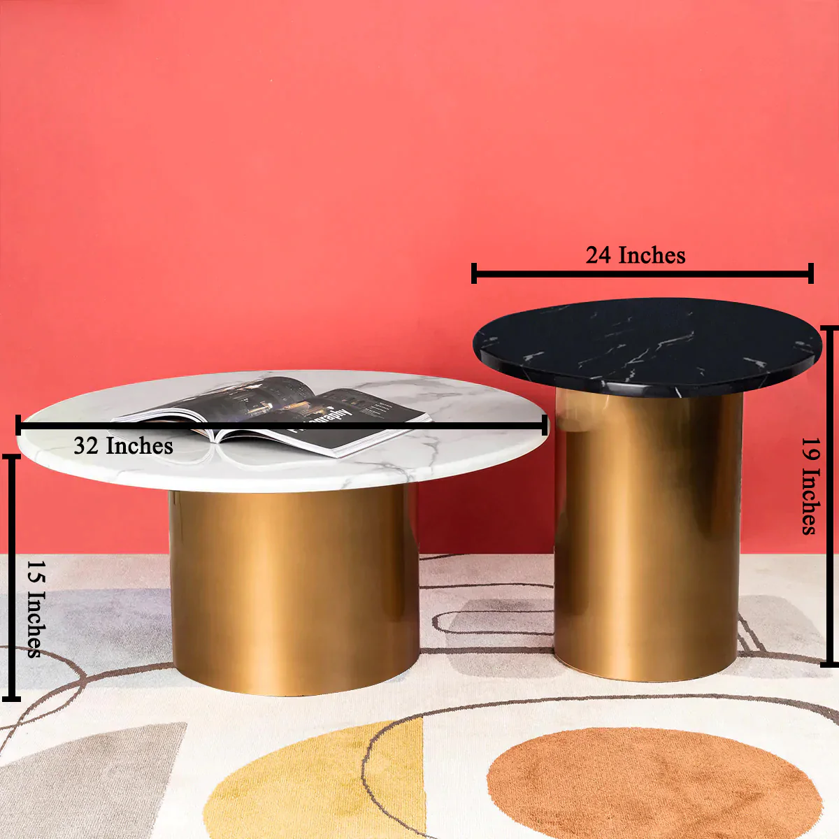 The Golden Cylindrical Set of 2 Nesting Coffee Table - Gold (Stainless Steel) ( White and Black Stone Combo ) - Image 2