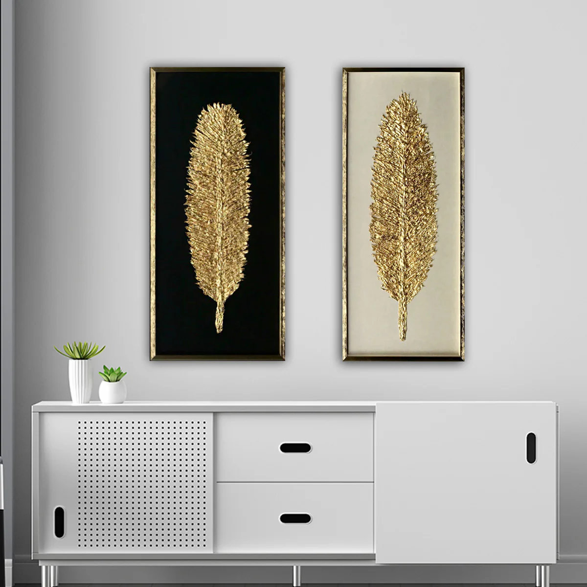 The Golden Glittered Feather Shadow Box Wall Decoration Piece - Set of 2