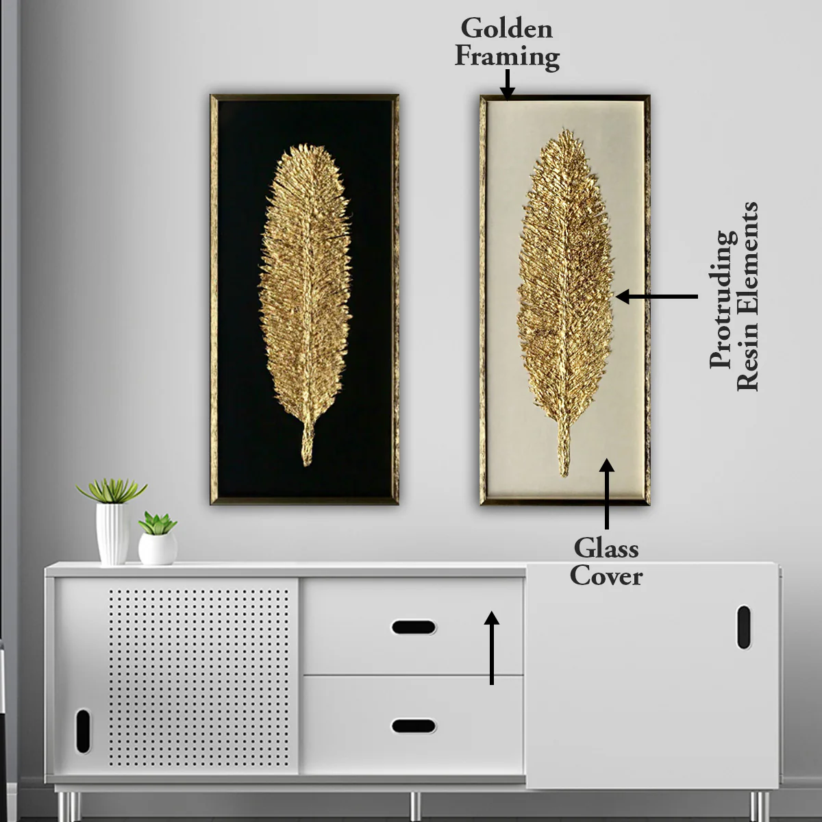 The Golden Glittered Feather Shadow Box Wall Decoration Piece - Set of 2 - Image 3
