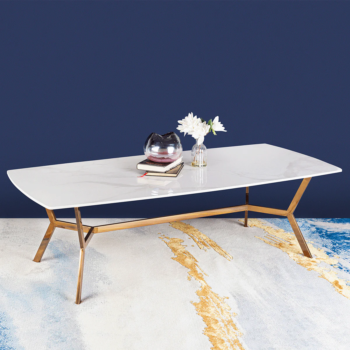 The Roman Rectangular Marble Coffee Table - ROSE GOLD (Stainless Steel) - Image 2