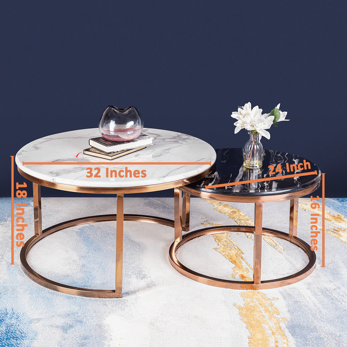 The Umami Nesting Coffee Table Set of 2 - Rose Gold - Black & White Stone Combo (Stainless Steel ) - Image 5