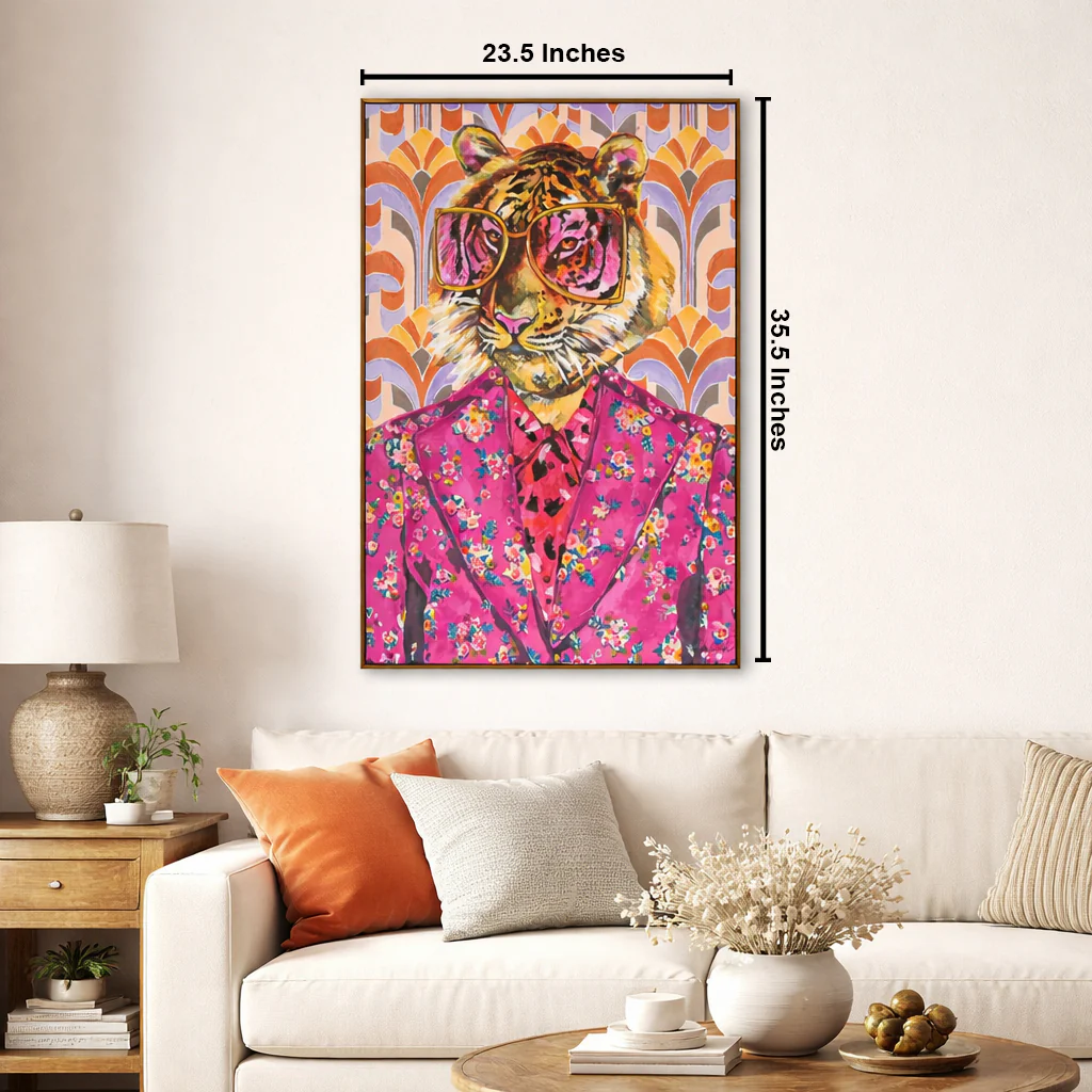 Tiger in Retro Bloom by Heather Perry 100% Hand Painted Wall Painting (With Outer Floater Frame frame) ( 35.5 x 23.5 Inches ) - Image 2