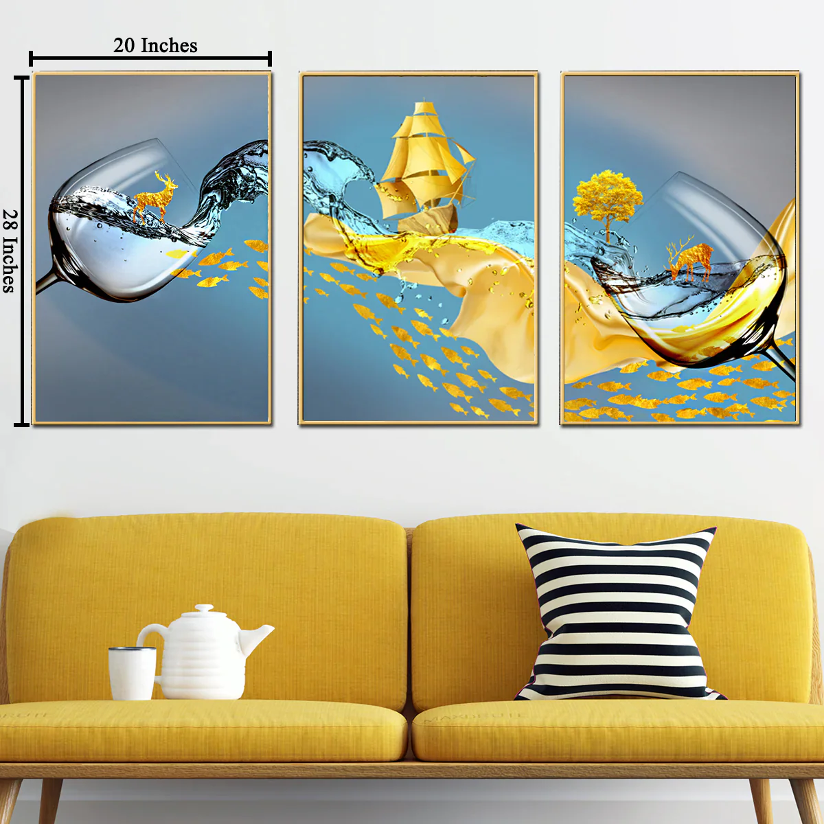 Waves of Fortune Framed Canvas Wall Paintings - Set of 3 - Image 2