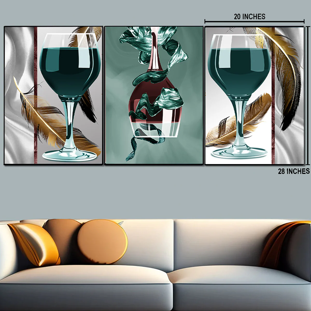 Wine and Feather Fusion Canvas Painting for Living Room - Set of 3 - Image 2